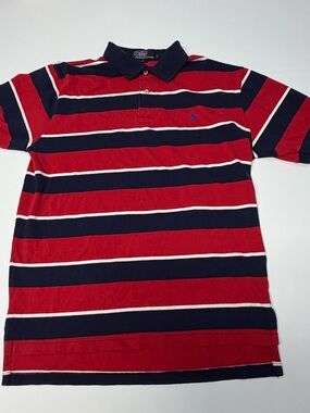 VTG 90s Polo Ralph Lauren Mens L Striped Polo Shirt Red Navy Made in El Salvador